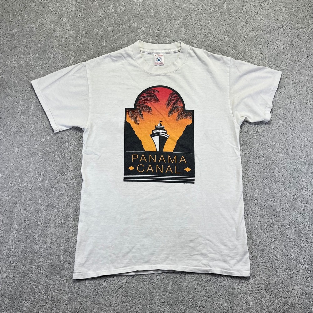 VINTAGE Panama Canal T-Shirt Size Medium White Graphic Tee Souvenir Travel 90s